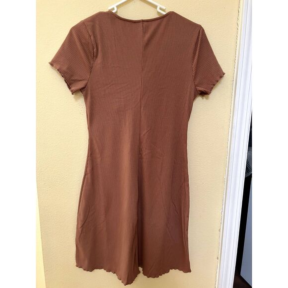 BP Tie Front Lettuce Edge Mini Dress, Tan Color Women Size M, Rib Knit Dress - Picture 4 of 13